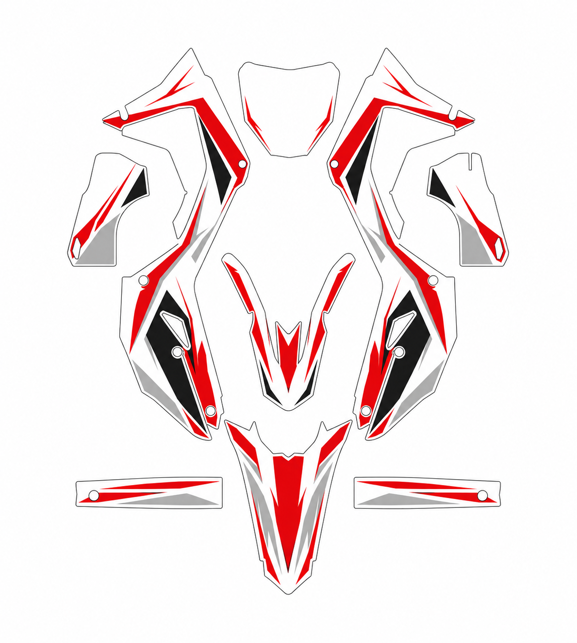 Grafiche adesive personalizzate per Honda motard e cross, rosso e grigio — kit Binni Design, modello 01
