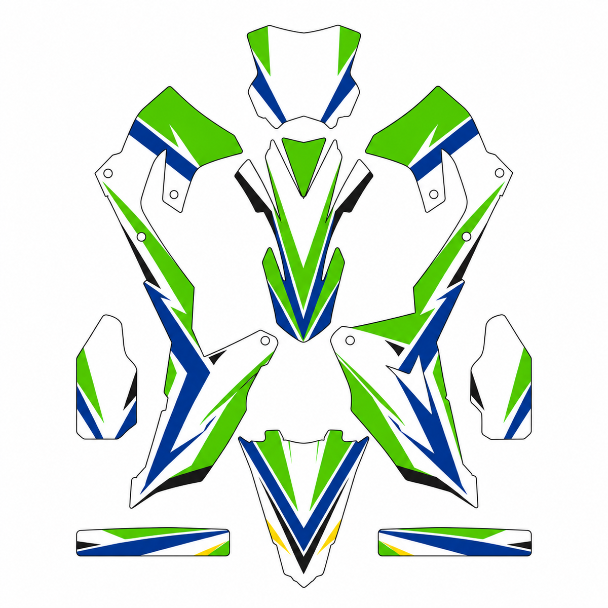 Grafiche adesive personalizzate per Kawasaki motard, verde e blu — kit Binni Design, modello 02