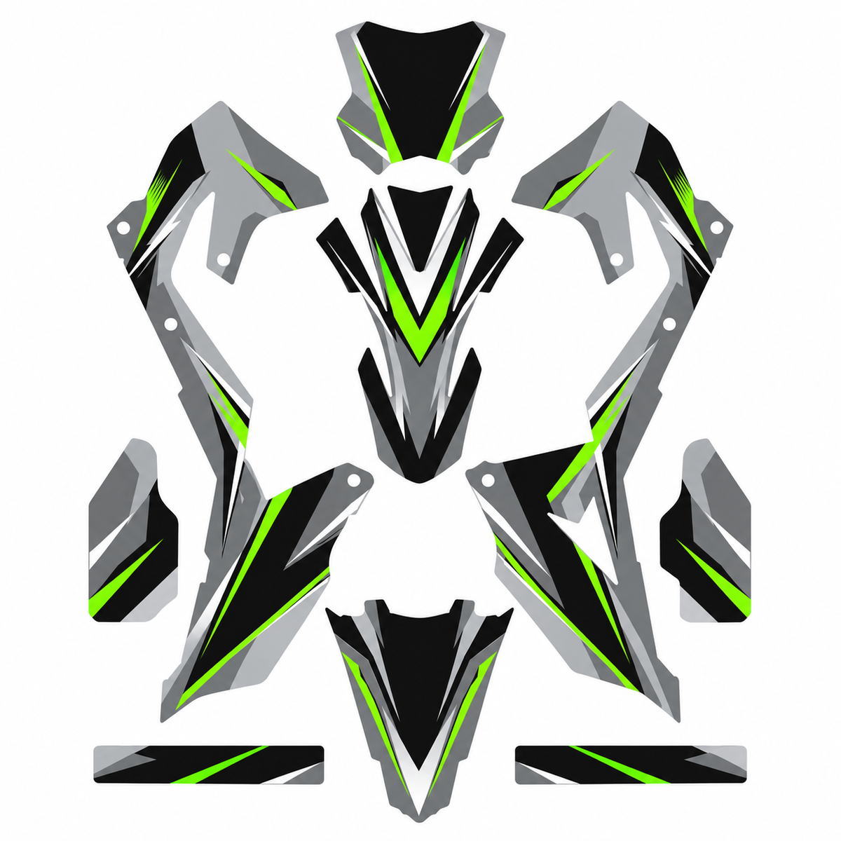 Grafiche adesive personalizzate per Kawasaki motard, verde e grigio — kit Binni Design, modello 03