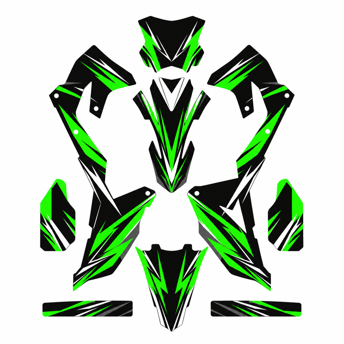 Grafiche adesive personalizzate per Kawasaki motard, verde e nero — kit Binni Design, modello 04
