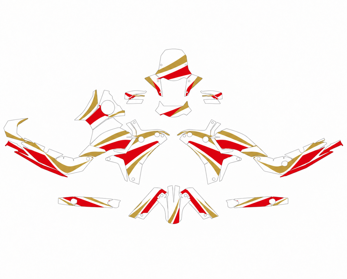 Grafiche adesive personalizzate per Yamaha adventure, rosso e oro — kit Binni Design, modello 03
