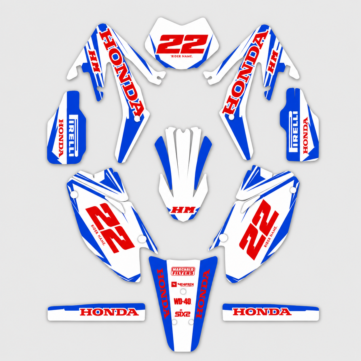 grafiche personalizzate moto HM 50 125 design Racing Blu con numeri personalizzabili