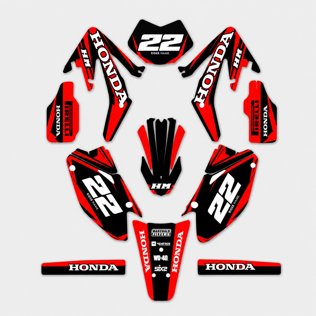 grafiche personalizzate moto HM 50 125 design Rosso Fuoco con numeri personalizzabili