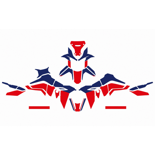 Grafiche adesive personalizzate per Honda adventure, blu e rosso — kit Binni Design, modello 08