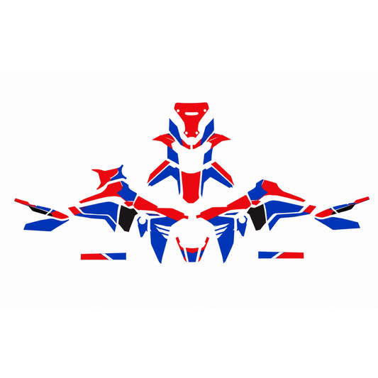 Grafiche adesive personalizzate per Honda adventure, rosso e blu — kit Binni Design, modello 03