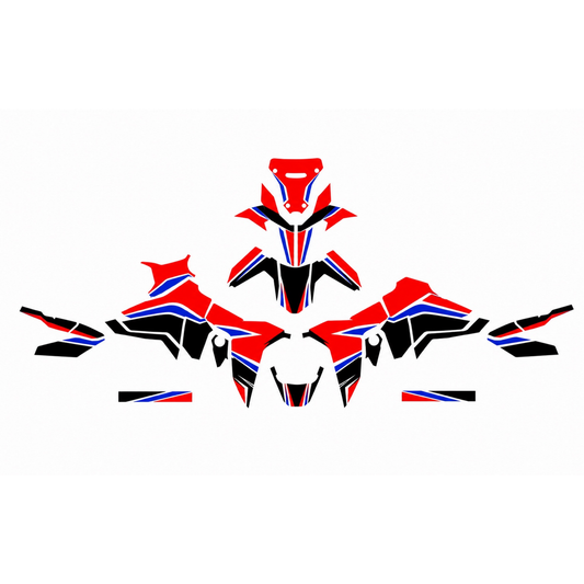 Grafiche adesive personalizzate per Honda adventure, rosso e nero — kit Binni Design, modello 02