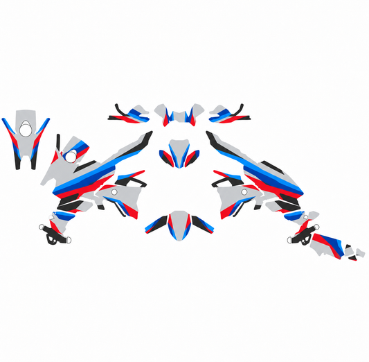 Grafiche adesive personalizzate per BMW adventure, blu e grigio — kit Binni Design, modello 03