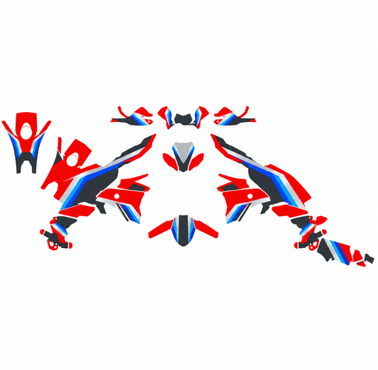 Grafiche adesive personalizzate per BMW adventure, rosso e blu — kit Binni Design, modello 02