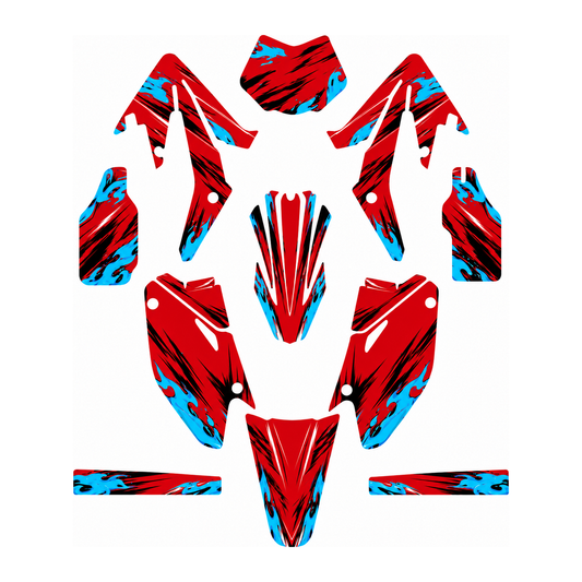 Grafiche adesive personalizzate per HM 50 e 125, rosso e azzurro — kit Binni Design, modello 10