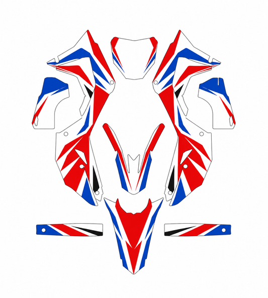 Grafiche adesive personalizzate per Honda motard e cross, rosso e blu — kit Binni Design, modello 04