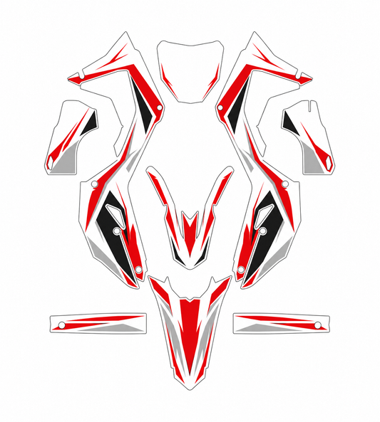Grafiche adesive personalizzate per Honda motard e cross, rosso e grigio — kit Binni Design, modello 01