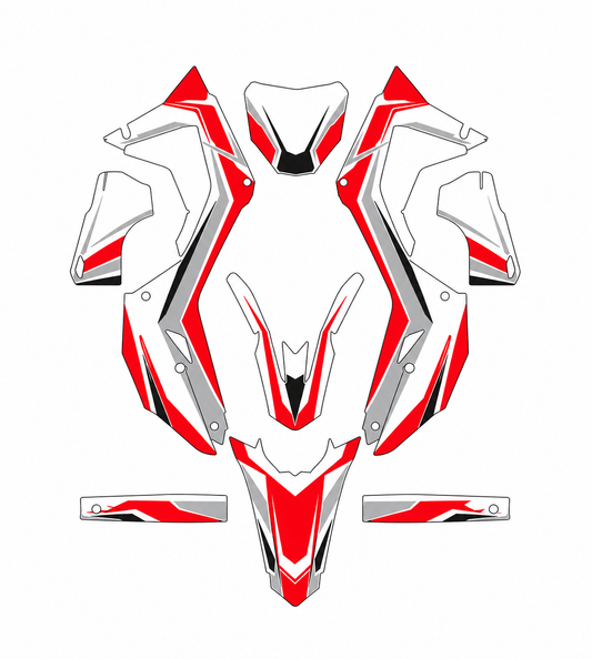 Grafiche adesive personalizzate per Honda motard e cross, rosso e grigio — kit Binni Design, modello 02