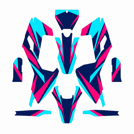 Grafiche adesive personalizzate per Husqvarna SM e WR 125, azzurro e fucsia — kit Binni Design, modello 07