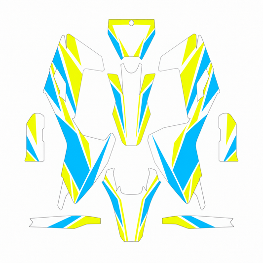 Grafiche adesive personalizzate per Husqvarna SM e WR 125, azzurro e giallo — kit Binni Design, modello 11