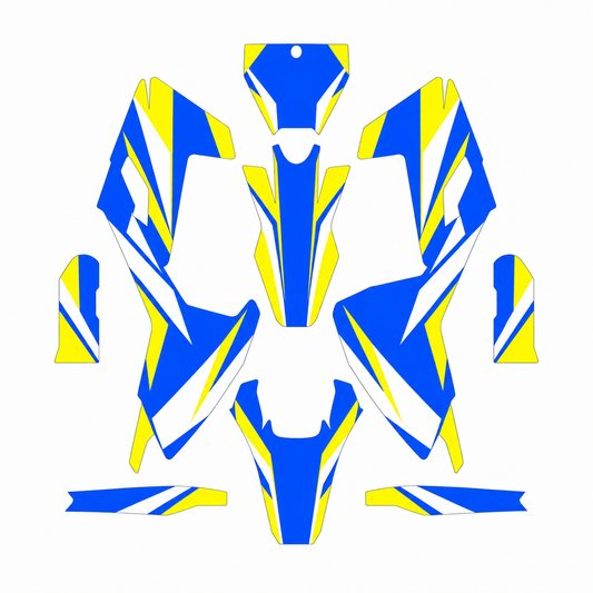 Grafiche adesive personalizzate per Husqvarna SM e WR 125, blu e giallo — kit Binni Design, modello 04