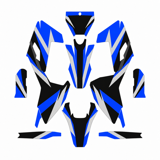 Grafiche adesive personalizzate per Husqvarna SM e WR 125, blu e grigio — kit Binni Design, modello 08