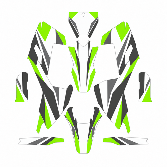 Grafiche adesive personalizzate per Husqvarna SM e WR 125, lime e grigio — kit Binni Design, modello 02