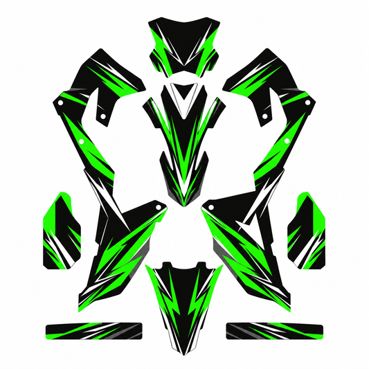 Grafiche adesive personalizzate per Kawasaki motard, verde e nero — kit Binni Design, modello 04