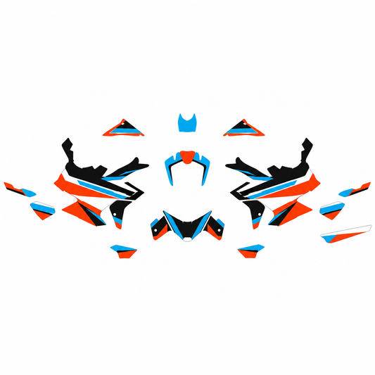 Grafiche adesive personalizzate per KTM adventure, arancio e azzurro — kit Binni Design, modello 04