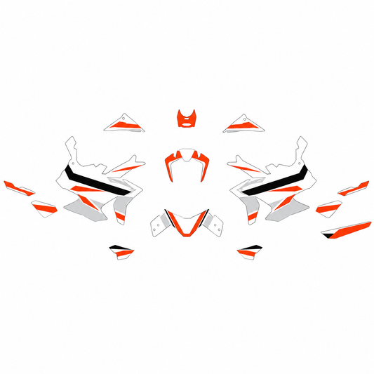 Grafiche adesive personalizzate per KTM adventure, bianco e arancio — kit Binni Design, modello 06