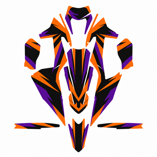 Grafiche adesive personalizzate per KTM motard, arancio e viola — kit Binni Design, modello 10