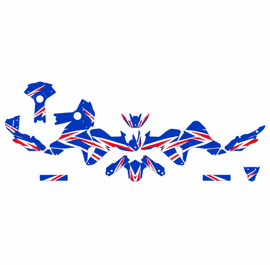 Grafiche adesive personalizzate per Suzuki adventure, blu e rosso — kit Binni Design, modello 01