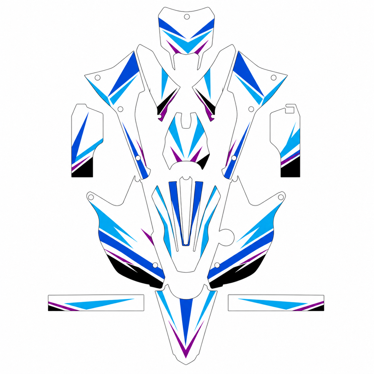 Grafiche adesive personalizzate per TM 50 e 125, azzurro e grigio — kit Binni Design, modello 01