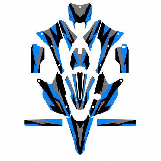 Grafiche adesive personalizzate per TM 50 e 125, azzurro e nero — kit Binni Design, modello 02