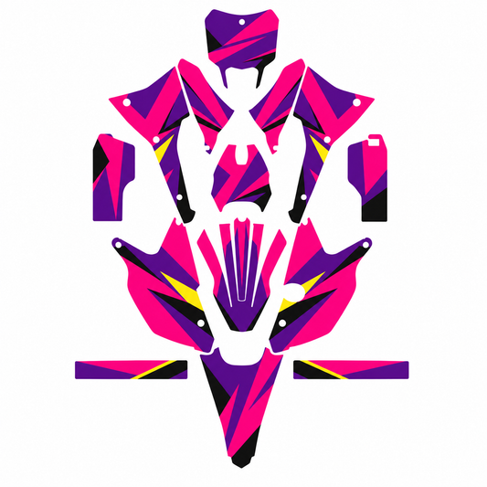 Grafiche adesive personalizzate per TM 50 e 125, fucsia e viola — kit Binni Design, modello 07