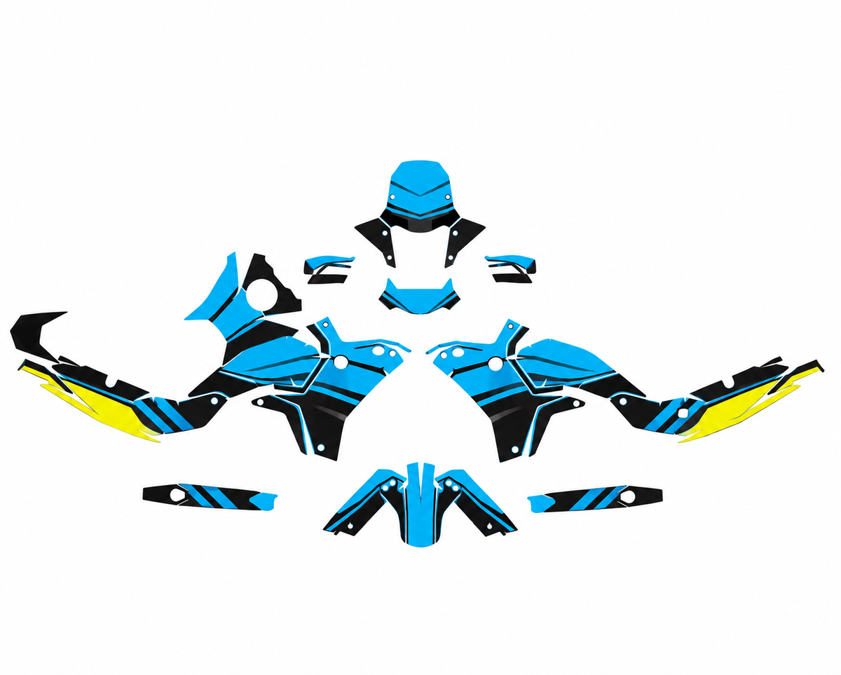 Grafiche adesive personalizzate per Yamaha adventure, azzurro e nero — kit Binni Design, modello 06