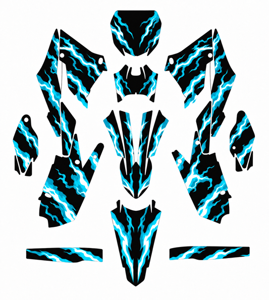 Grafiche adesive personalizzate per Yamaha motard, azzurro e nero — kit Binni Design, modello 03