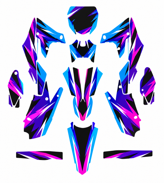 Grafiche adesive personalizzate per Yamaha motard, blu e viola — kit Binni Design, modello 02