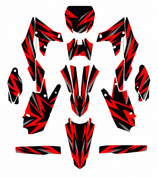 Grafiche adesive personalizzate per Yamaha motard, rosso e nero — kit Binni Design, modello 04